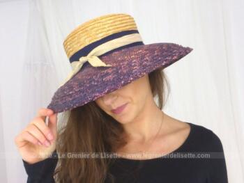 Beau chapeau forme capeline en paille avec large bordure tombante formant un arrondi de couleur violine - tour de tête 57/58 cm.