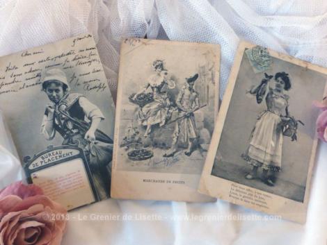 Trois anciennes cartes postales datant du tout début du siècle dernier et représentant des anciens métiers, la marchande de fruits, le bureau de placement, la cuisinière.