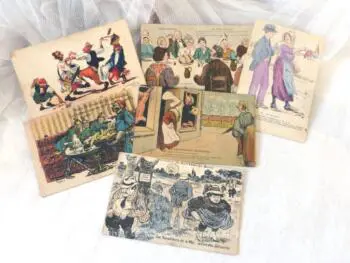 Six anciennes cartes postales humoristiques datant du début du siècle dernier et représentant des dessins humoristiques.