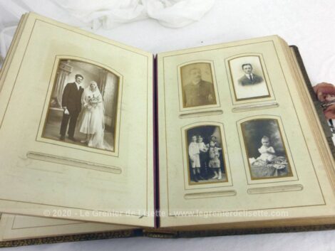 Ancien grand album photos du XIX° en cuir avec une incrustation métallique en décoration comprenant soit 60 photos au total.