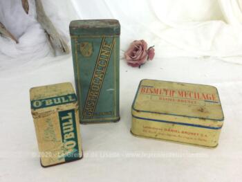 Voici un trio d'anciennes boites de médicaments en fer sérigraphiées pour de la Gastrocalcine, O'bull et Bismuth Mucilage.