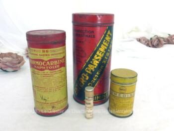 Voici un lot d'anciennes boites de médicaments en fer sérigraphiées pour des Entero-pansement, Formocarbine, Sumedine et un tube de Baume Rosat.