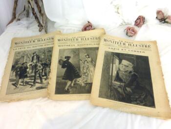 Lot de 3 anciennes revues Moniteur Illustré du 26 avril 1885 et 9 mai et 25 juillet 1886 avec de superbes dessins en couverture.