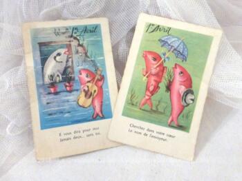 Voici deux cartes postales "Poisson d'Avril" avec des dessins humoristiques de poissons et datant des années 60.