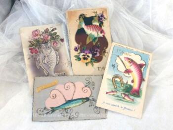Voici quatre cartes postales "Poisson d'Avril" avec poissons, fleurs en reliefs ou en surbrillance et dessins humoristiques.