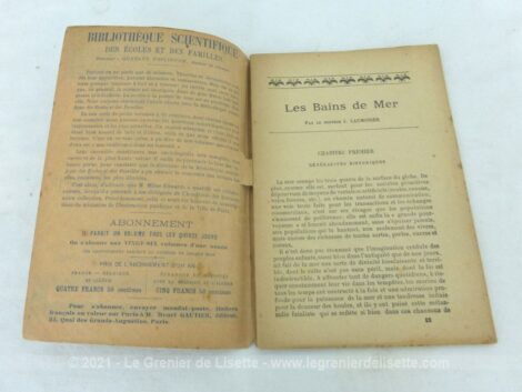 Ancien petit livret scientifique Les Bains de Mer de la fin du XIX° écrit par le Docteur J. Laumonier et édité par la Bibliothèque Scientifique des Ecoles et des Familles.