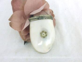 Adorable petite boite en forme d'étui pour tabac à priser réalisée en coquillage nacre serti et fermé par du laiton et décorée d'une fleur.