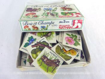Sur 10 x 15 x 3 cm, voici un ancienne boite de jeu de loto Bois et Champs complète de la marque Découverte Nathan et datant de 1979.