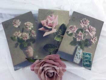 Trois cartes postales anciennes avec de belles photos sépia représentant des roses pour souhaiter une bonne fête et datant du début des années 1900.