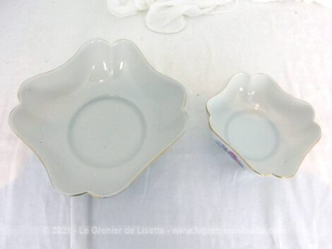 Duo de saladiers ovales de tailles différentes en porcelaine SBV et Cie France à la superbe forme en fleur sur les angles et décorations tendance shabby.