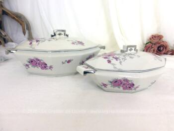 Duo de soupières ou saladiers avec couvercles, très tendance Art Déco en porcelaine de Limoges de deux tailles différentes et décorées de fleurs roses et grises.