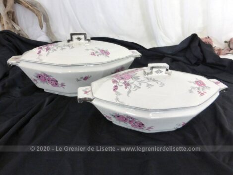 Duo de soupières ou saladiers avec couvercles, très tendance Art Déco en porcelaine de Limoges de deux tailles différentes et décorées de fleurs roses et grises.