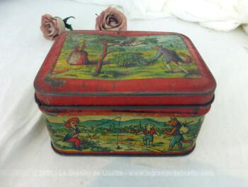 Voici une ancienne boite en métal de 13 x 17.5 x 8 cm avec sur le couvercle et les 4 cotés des dessins représentant chacun une fable différente de Jean de La Fontaine Très originale et vintage !