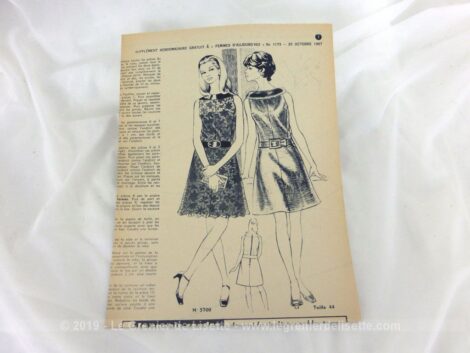 Ancien supplément hebdomadaire de la revue "Femmes d'Aujourd'hui" du 25 octobre 1967, vous trouverez des patrons de robes, de broderie et de pulls pour enfants au tricot.