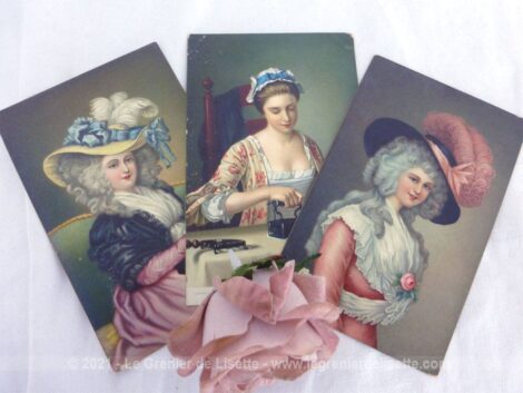 Trois cartes postales anciennes réalisées par Stengel et Cie en Allemagne (Dresden) représentant des portraits de femmes chapeautées de la noblesse Anglaise peintes au XVIII° par des peintres célèbres.