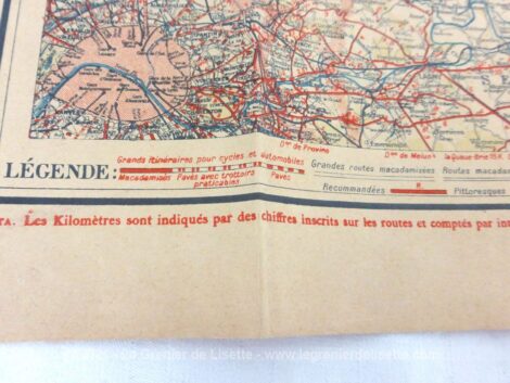 Datant du début du XX°, voici une ancienne carte routière éditée par A.Taride, pour automobilistes et Cyclistes des Environs de Paris, section Nord-Est.