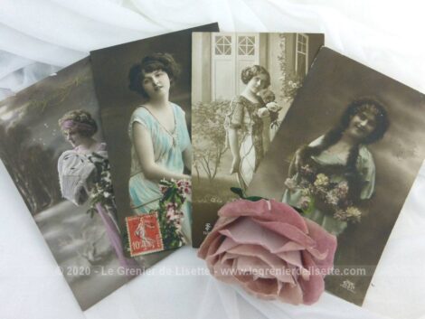 Voici quatre cartes postales anciennes de femmes posant dans des attitudes romantiques et languissantes, trois de 1912 et une de 1917.