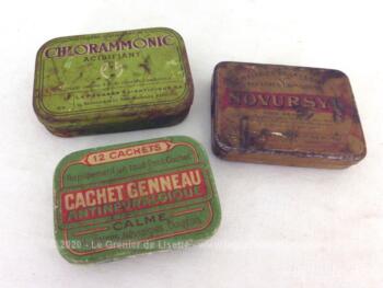 Voici trois anciennes petites boites de médicaments en fer sérigraphiées de Novursyl, Chlorammonic et Cachets Genneau.