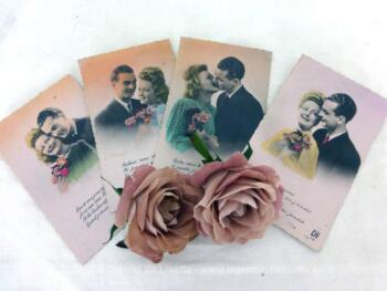 Très vintages, voici un lot de 4 cartes postales des années 40/50 représentant chacune un couple avec un petit poème en maxime.