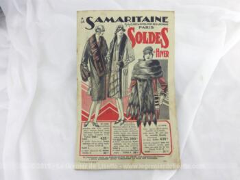 Datant des années 20, voici un ancien catalogue de La Samaritaine Soldes Hiver pour la mode, décoration et linge.