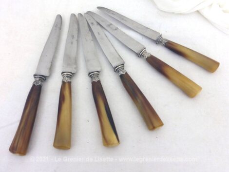 Datant de la fin du XIX°, voici un lot de 6 couteaux avec manche en bakélite et garde argenté dont la lame en acier porte la gravure du coutelier parisien "Bonneau, 35 rue de l'Arcade".