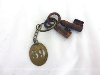 Deux anciennes petites clés anciennes de 4 cm à 5 cm patinées par le temps et accompagnées d'une plaque ovale en laiton gravée du numéro 59.