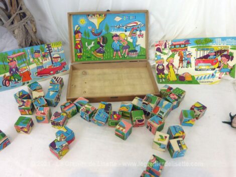 Ancien jeu de 40 petits cubes vintage des années 60 en bois dans leur boite d'origine proposant des scènes de vie... hier et aujourd'hui.