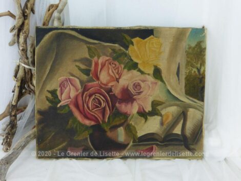 Délicat tableau ancien représentant des grands fleurs roses dans un bouquet, peinture à l'huile sur toile lin ancienne avec signature et daté 1952.