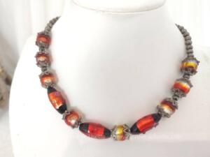 Superbe collier perles Murano rouge et orange