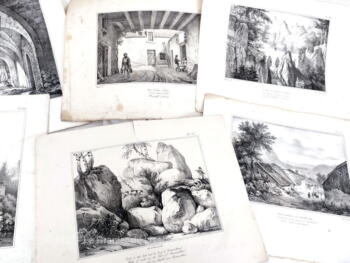 Sur papier dessin épais, voici un lot de 7 planches de 32 x 24 cm de gravures de paysages, de mode de vie, de monument, toutes issues de livres du XIX° .