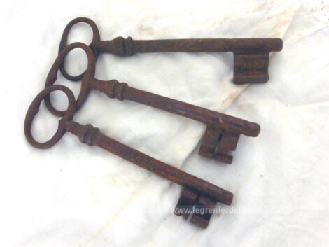 Avec une superbe patine d'origine remplie d'authenticité, voici un lot de 3 anciennes belles clés de manoir de 12 à 13 cm de long avec sur chacune un paneton différent.