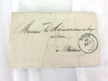 Ancienne petite lettre pli du 17 décembre 1833 expédiée de Rouen et adressée aux Administrateurs des Hospices de Poitiers, pour un règlement de facture.