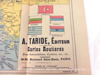 Datant des premières décennies du XX°, voici une ancienne carte routière éditée par A.Taride, pour automobilistes et Cyclistes portant le nom de Carte des Balkans.