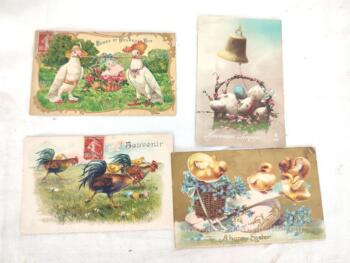 Lot de 4 cartes postales anciennes fleurs Joyeuses Pâques datant de 1909,1910, 1914 et une dont l'écriture la placerait dans les années 40.