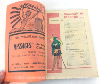Ancien Almanach du Pèlerin pour l'année 1956, outre les mois de l'année, des historiettes, des recettes, des évènements, des conseils techniques, le tout avec des illustrations.