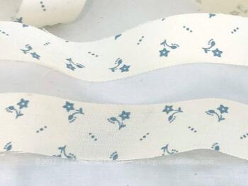 Voici un galon ou ruban en toile épaisse de couleur ivoire et décoré de petites fleurs bleues pastel de 250 x 2.5 cm.