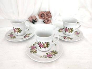 Superbe et vraiment très décoratif et élégant, voici un trio de tasses et soucoupes en céramique décors tendance shabby.