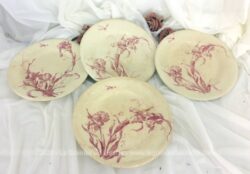 Voici 4 petites assiettes de 21 cm de diamètre en Porcelaine Giens rose modèle Iris aux décors de fleurs roses. Très tendance shabby !