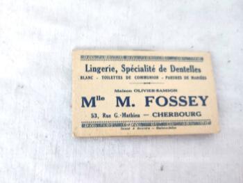 Agé de 85 ans, voici un ancien almanach de poche pour l'année 1937, calendrier publicitaire offert par "Mlle M. Fossey - Lingerie, Spécialité de Dentelles" à Cherbourg.