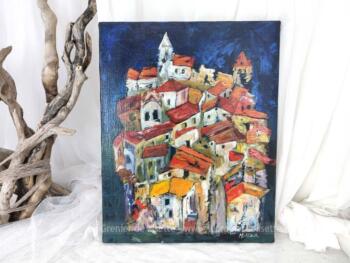 Original tableau peinture huile village colline fond bleu nuit
