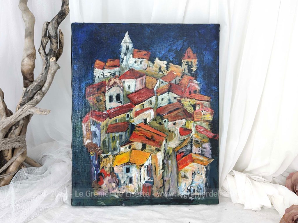 Original tableau peinture huile village colline fond bleu nuit – Le Grenier  de Lisette