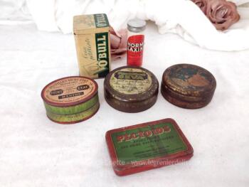 Voici un lot de 6 anciennes  boites de médicaments en fer sérigraphiées comprenant une boite de O'Bull, une de Pastilles Vichy-Etat,  une de Pastilles Seva, une de Pectoïds, une de Pastilles Vadda et un tube de Hormo Laxine.