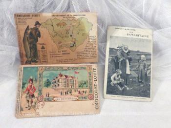 Voici un lot de 3 cartes postales anciennes de publicité, une des Grands Magasins de la Samaritaine, une pour le Chocolat Louit et une des Emulsion Scott .
