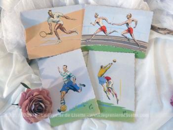 Voici un lot de 4 cartes postales vintages représentant des dessins sur le sport, deux différentes sur le foot, une sur le tennis et une sur la course de relais.