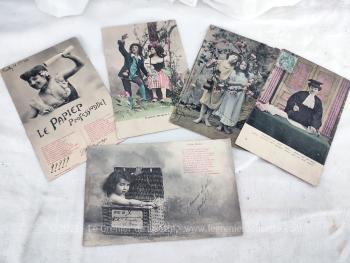 Voici un lot de 5 cartes postales anciennes, colorisées ou non, avec maxime sous la photo représentant des scénettes de vie et datant du tout début du siècle dernier.
