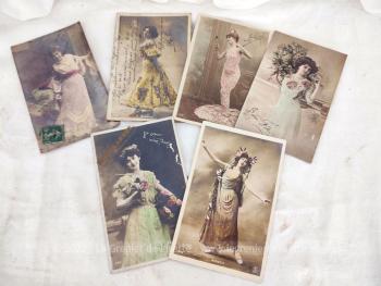 Lot de 6 cartes postales anciennes représentant des photos colorisées de femmes élégantes du début du XX°.