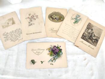 Voici un lot de six cartes postales anciennes avec des petits dessins fleuris aux contours mis en valeur comme écusson et datant du tout début du siècle dernier .