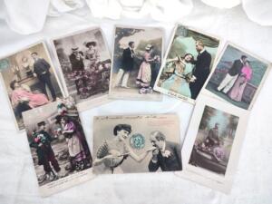 Lot de 8 anciennes cartes postales couples amoureux