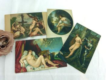 Quatre anciennes cartes postales réalisées par Stengel et Cie en Allemagne (Dresden) représentant des tableaux de scènes de femmes nues  peintes à partir du XVI° par des peintres célèbres.