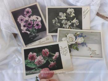 Datant du début des années 30, voici un lot de six cartes postales anciennes avec des dessins  de fleurs pour souhaiter Bonne Fête et Heureux Anniversaire.